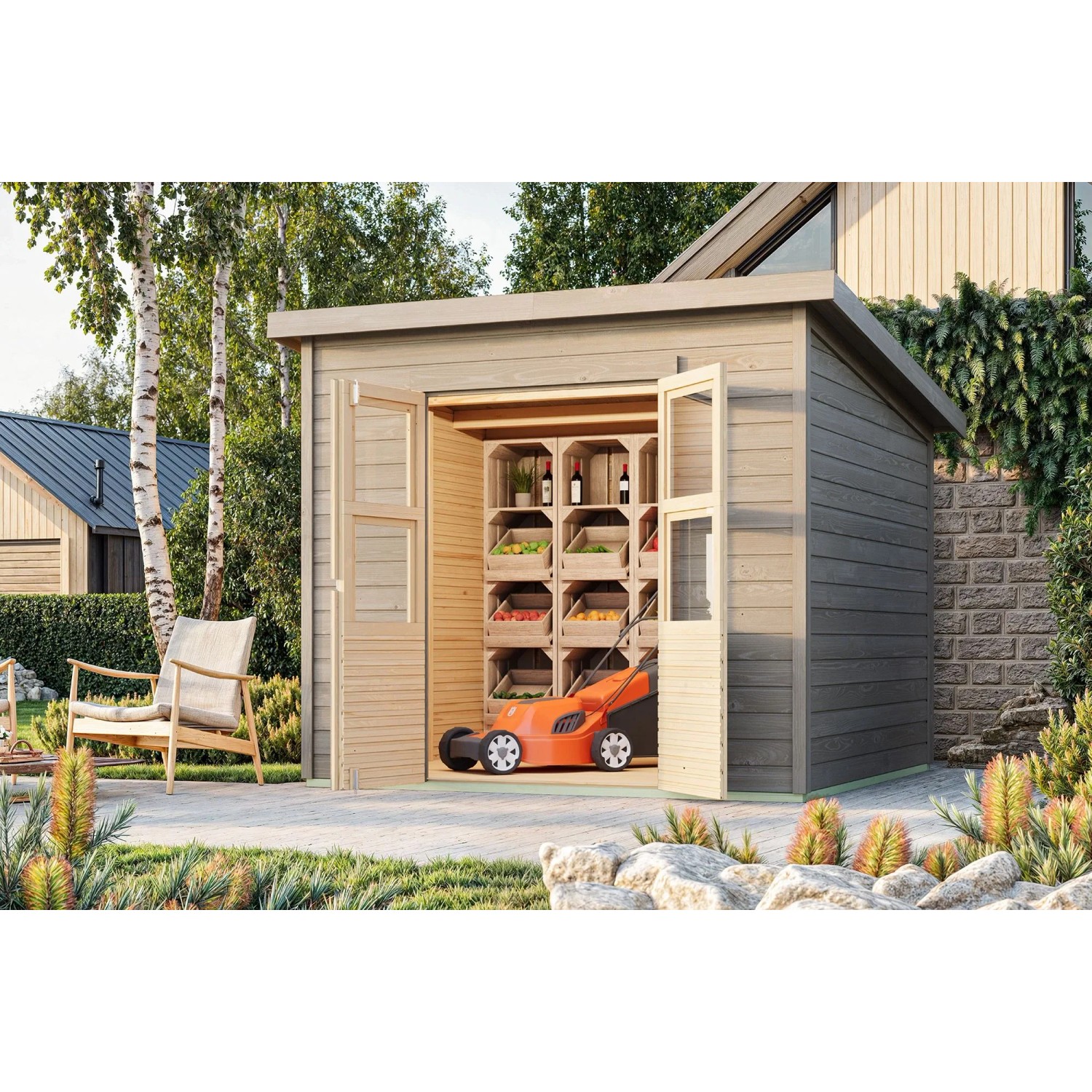 Karibu Holz-Gartenhaus Gartenhaus Pultdach Grundiert 242 cm x 244 cm 5,73 m²