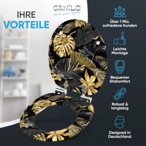 Sanilo WC-Sitz Golden Leaves mit Absenkautomatik, Holz Toilettendeckel mit goldenem Blätter Design.