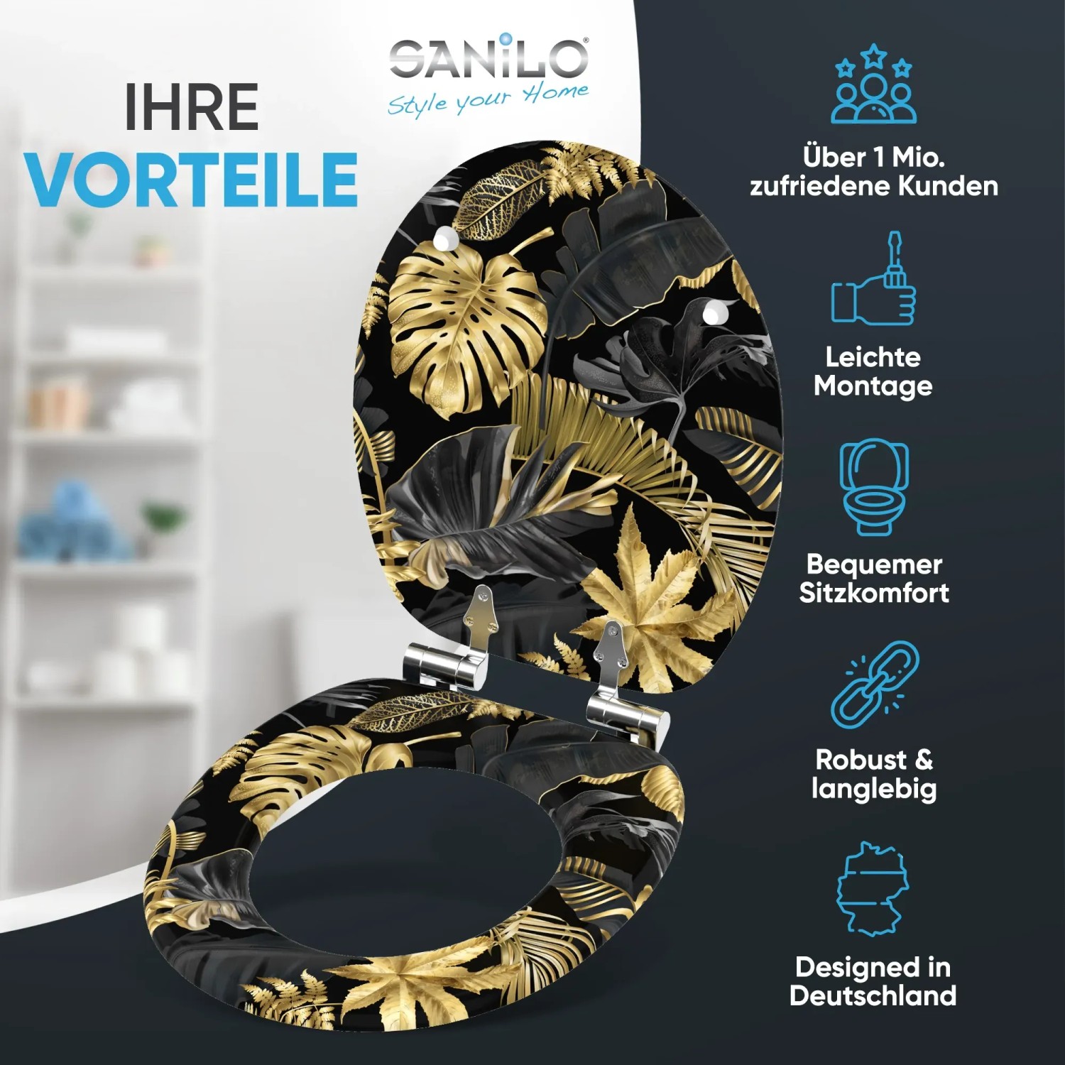 Sanilo WC-Sitz Golden Leaves mit Absenkautomatik, Holz Toilettendeckel mit goldenem Blätter Design.