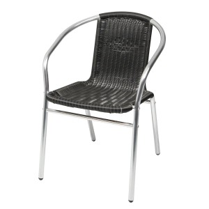 Stapelbarer Bistrostuhl aus Polyrattan (schwarz) und Aluminium (silber) für Garten/Balkon.