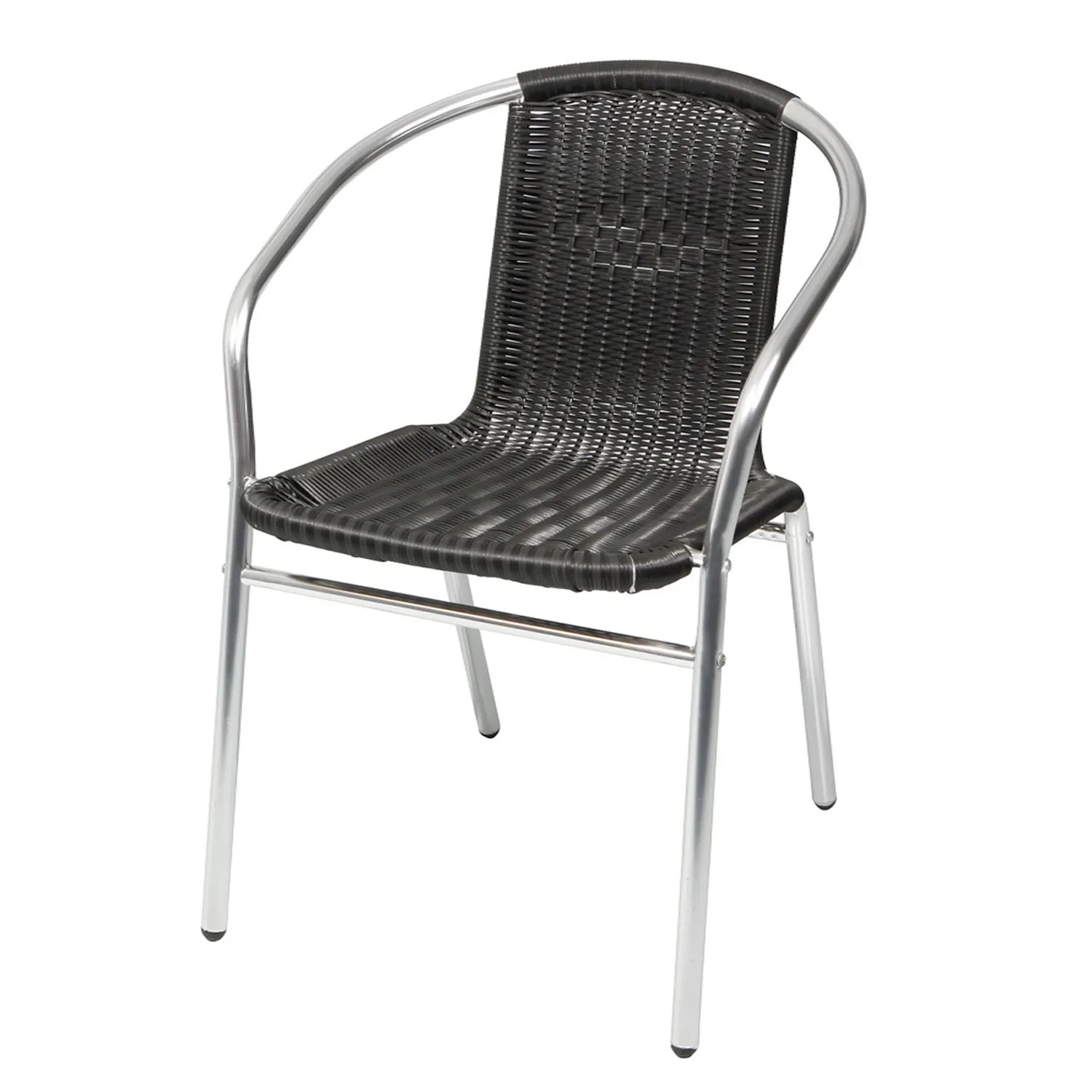 Stapelbarer Bistrostuhl aus Polyrattan (schwarz) und Aluminium (silber) für Garten/Balkon.