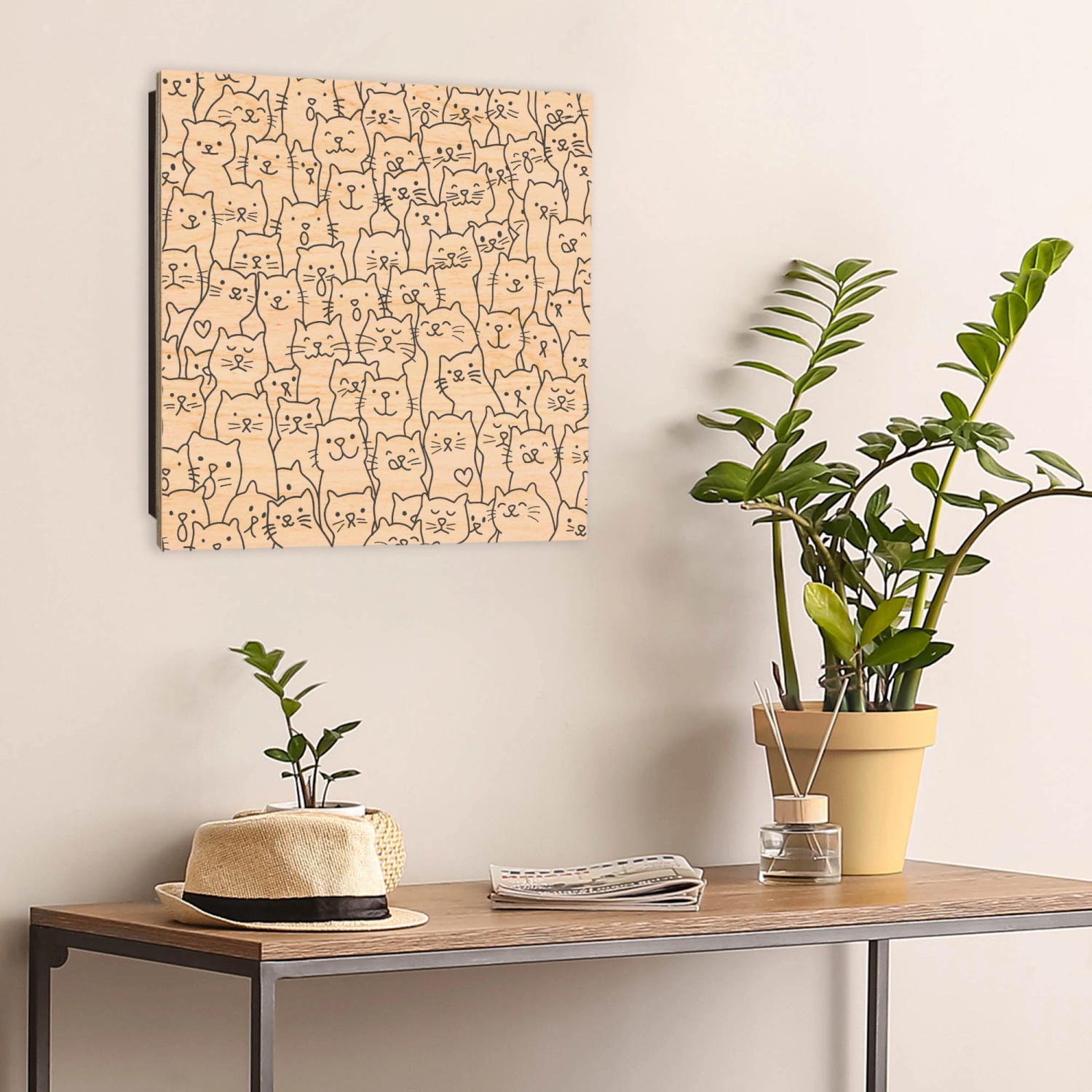 Banjado Schlüsselkasten aus Holz, 30x30cm, mit Katzenparade-Motiv und 50 Haken zur Schlüsselaufbewahrung.