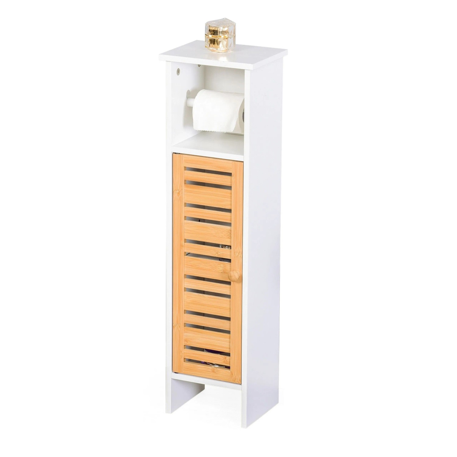 Relaxdays Toilettenpapierschrank MDF Bambus Weiß Natur Stehend 3 Ablagen 78 cm x 21 cm x 17 cm 3,8 kg