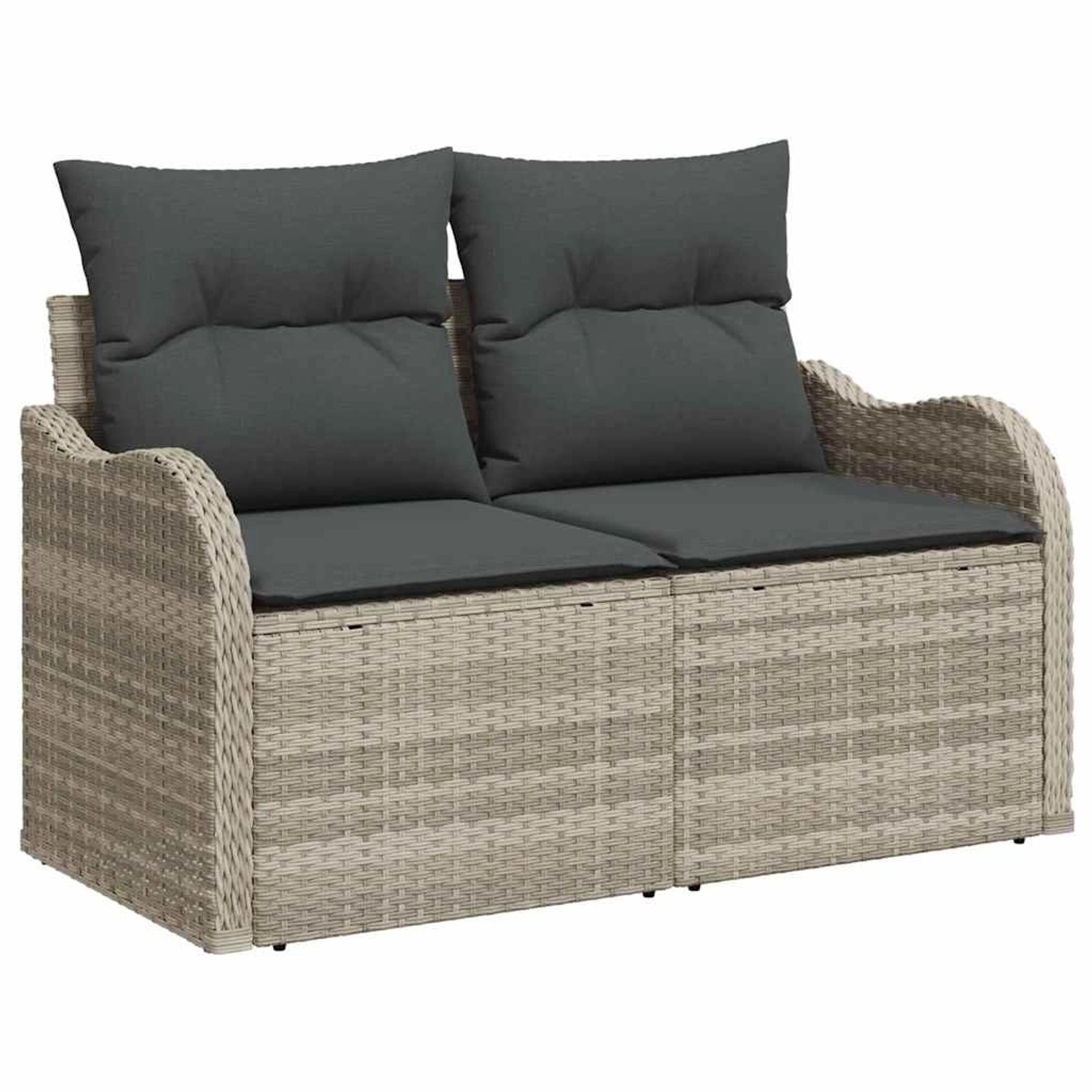 Hellgraues vidaXL Garten-Sofa-Set aus Poly Rattan mit grauen Kissen, 7-teilig.