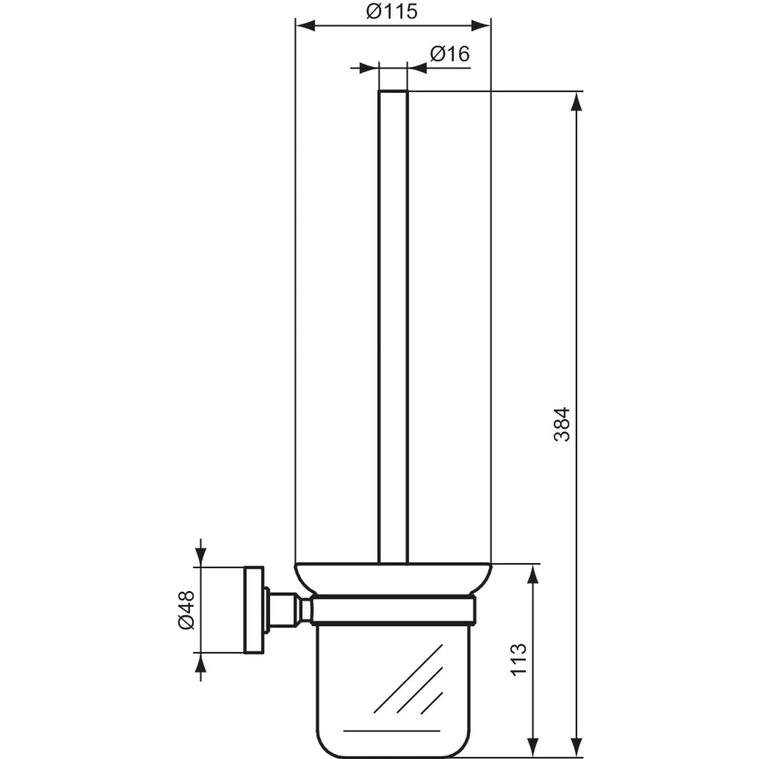 Technische Zeichnung: Ideal Standard WC-Bürstengarnitur IOM, wandhängend, mit Maßen.