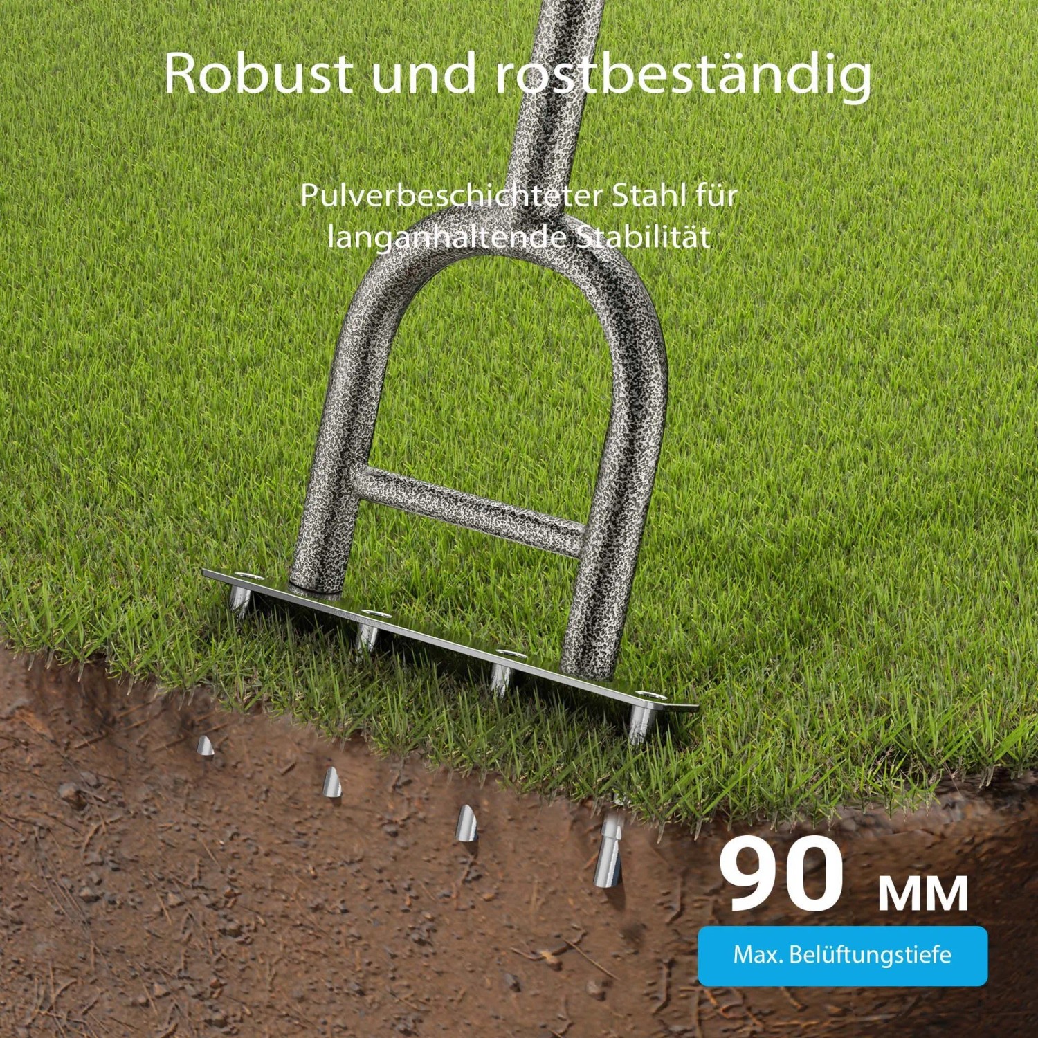 Robuster Wiltec Hand Aerifizierer aus pulverbeschichtetem Stahl mit 4 Zinken, dringt 90 mm tief in den Rasen ein.