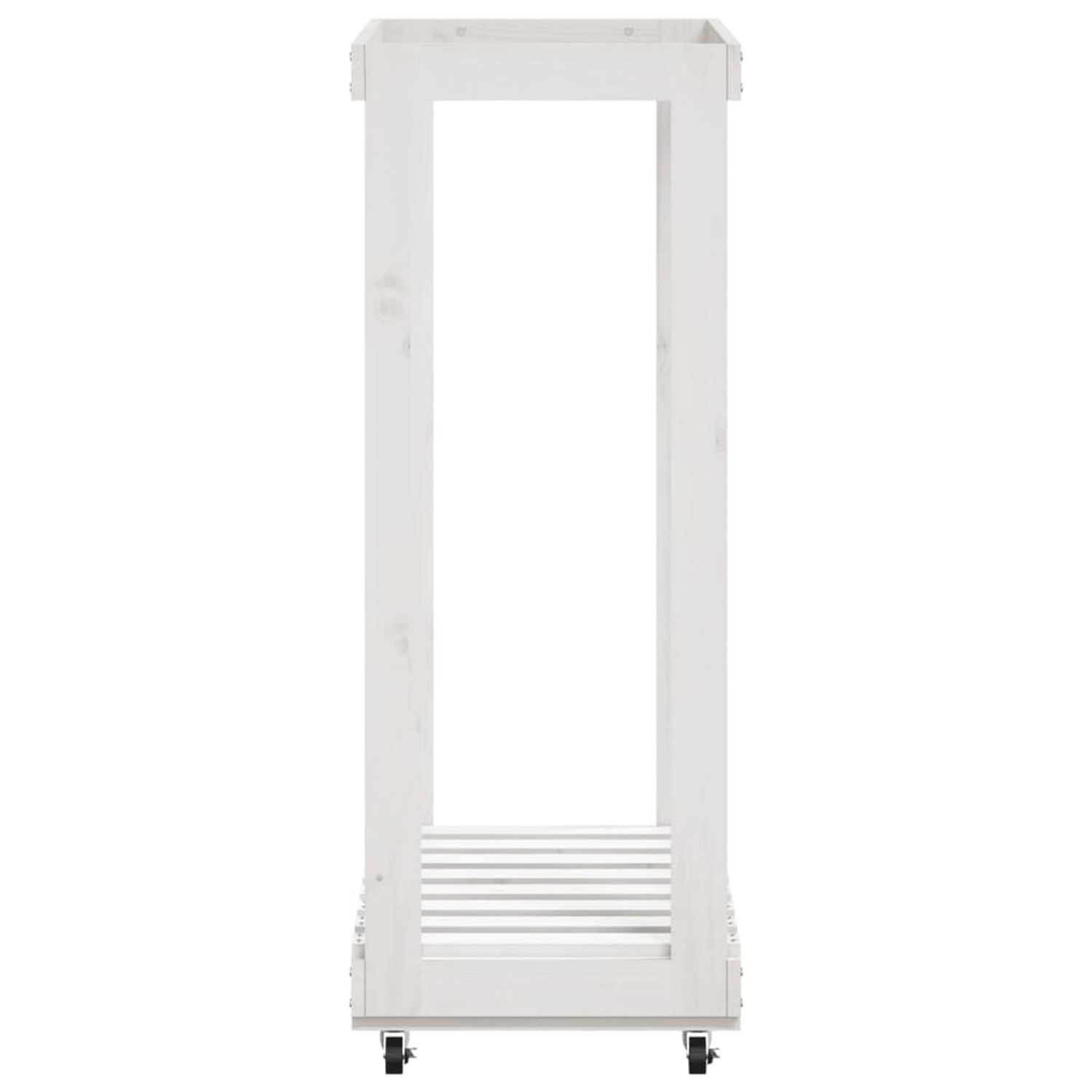 Weißes Kaminholzregal mit Rollen aus Kiefernholz, seitliche Ansicht.