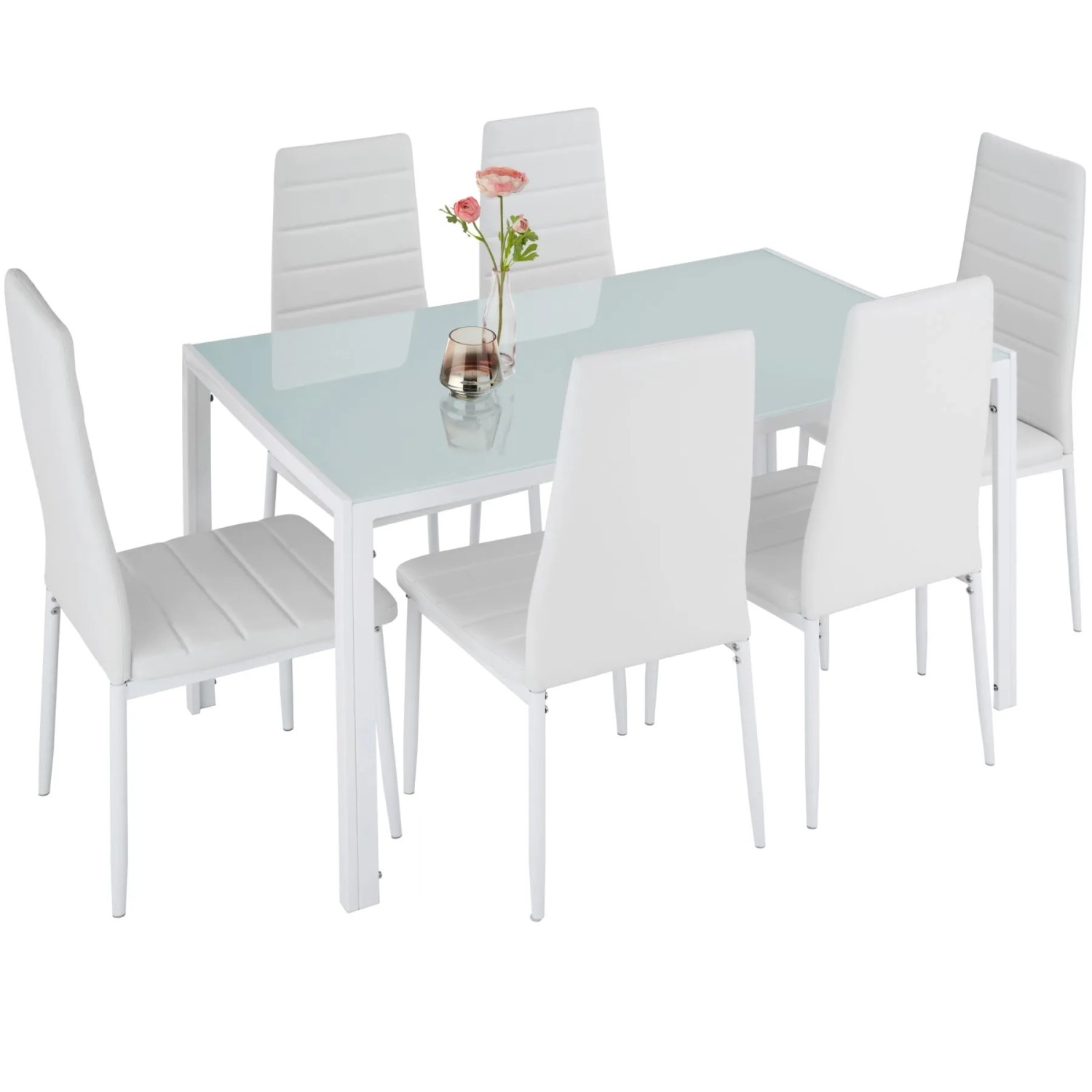 Tectake Esszimmergruppe Brandenburg 7 Teilig Esstisch Mit 6 Stühlen  150 x 90 x 98 cm Weiß Weiß
