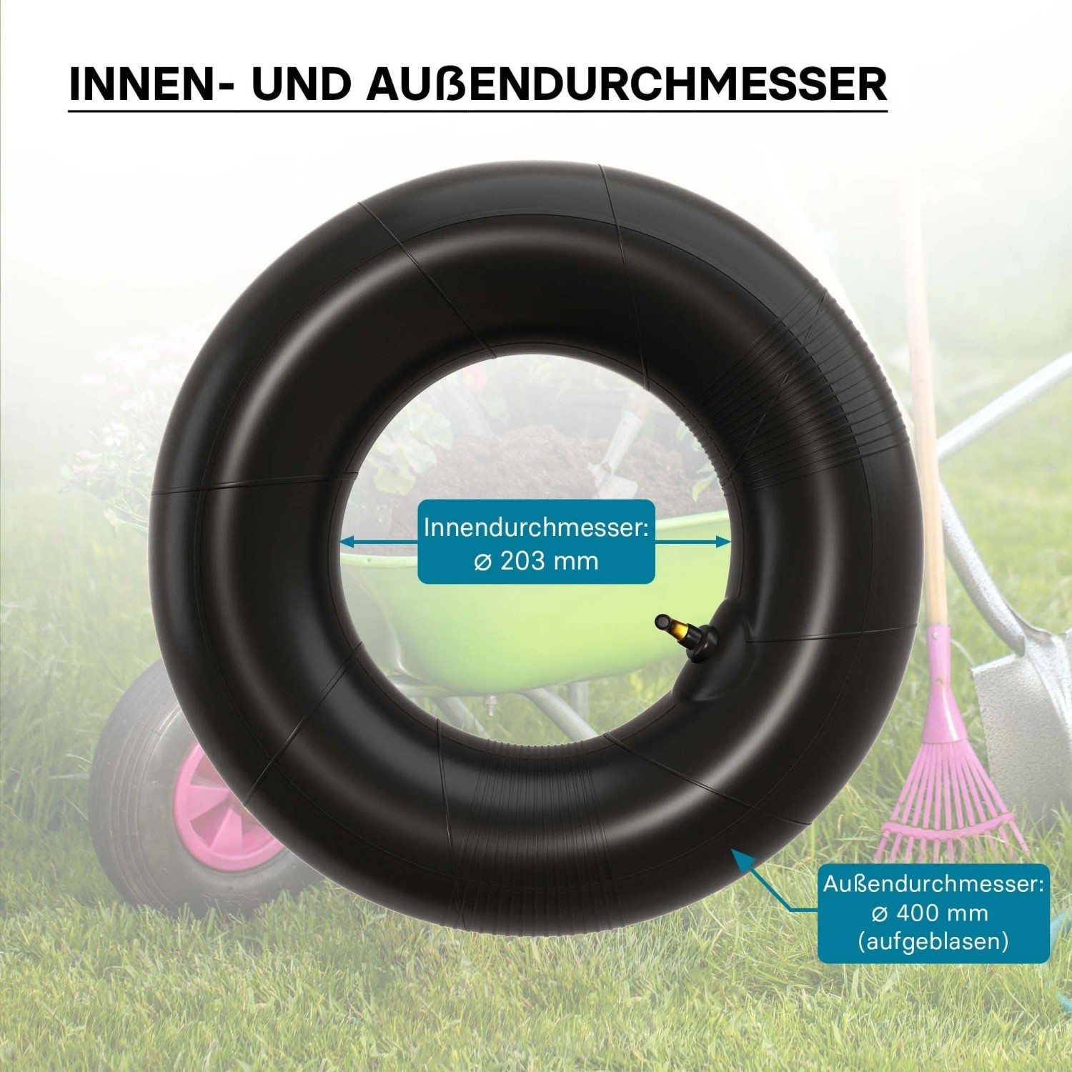 Schwarzer Wiltec Luftschlauch für Rasenmäherreifen, Größe 16x6.50-8, mit TR87 Ventil. Zeigt Innen- (203mm) und Außendurchmesser (400mm).