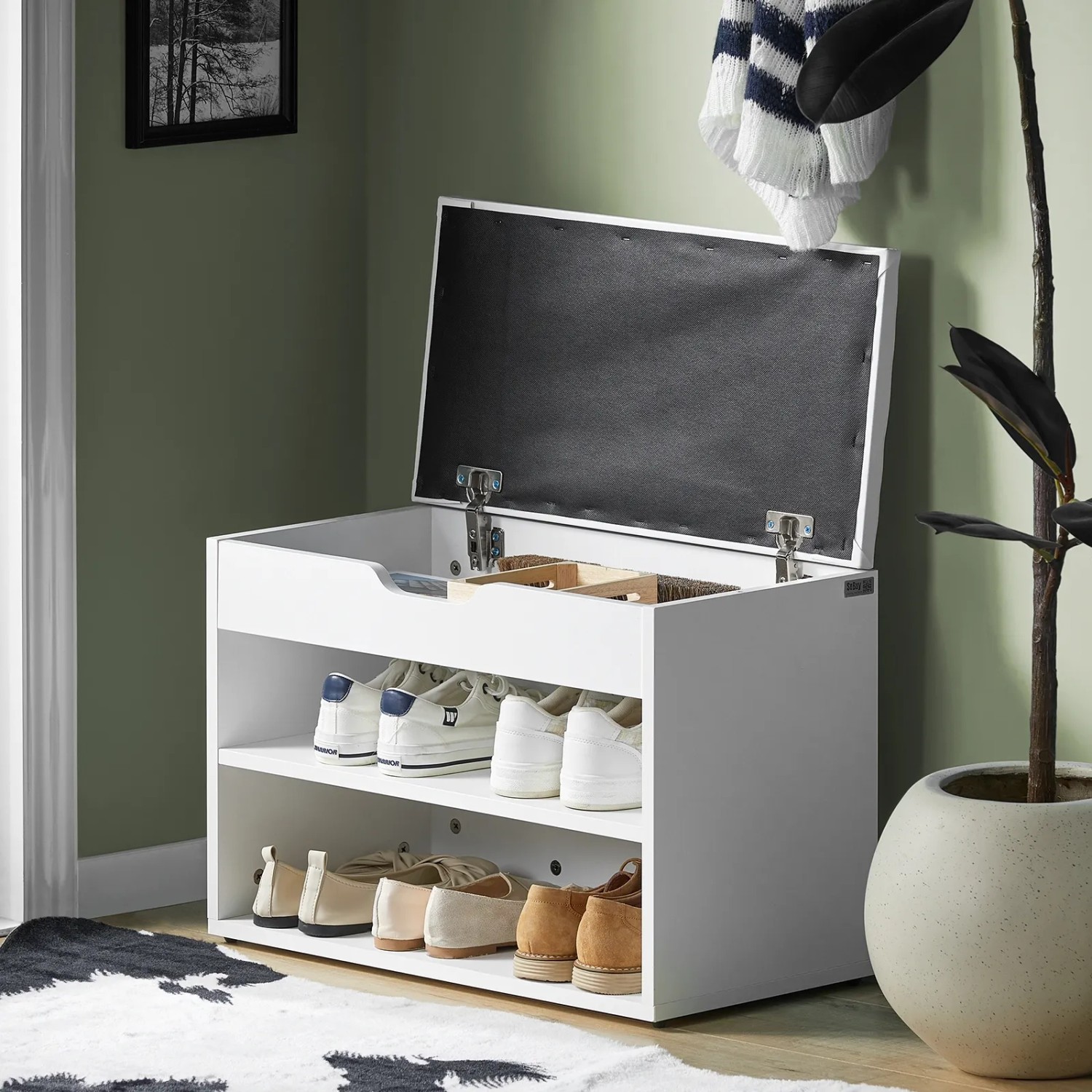 SoBuy Schuhbank FSR25-W mit Sitzfläche, weiß, aus Holzwerkstoff. Schuhtruhe mit Stauraum.