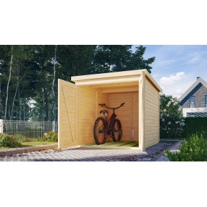 Offene Karibu Fahrradgarage aus naturbelassenem Holz mit Fahrrad darin.