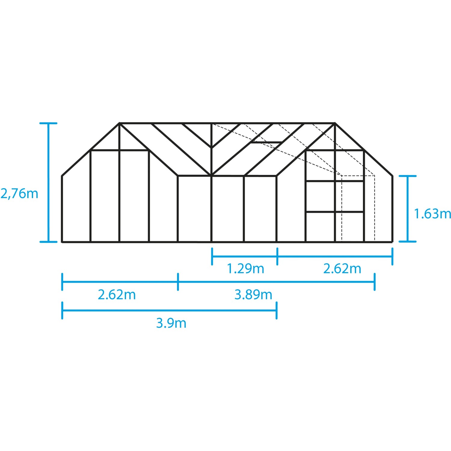 Technische Zeichnung des Halls Gewächshaus GardenRoom 12,9 m² mit Maßangaben.