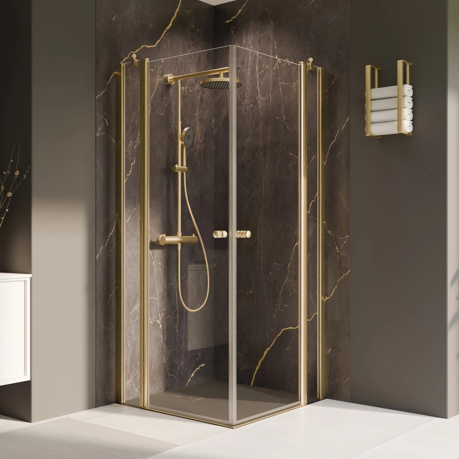 Breuer Duschkabine Elana 2.0 Eckeinstieg Drehtür mit Festteil Gold 200 x 90 cm