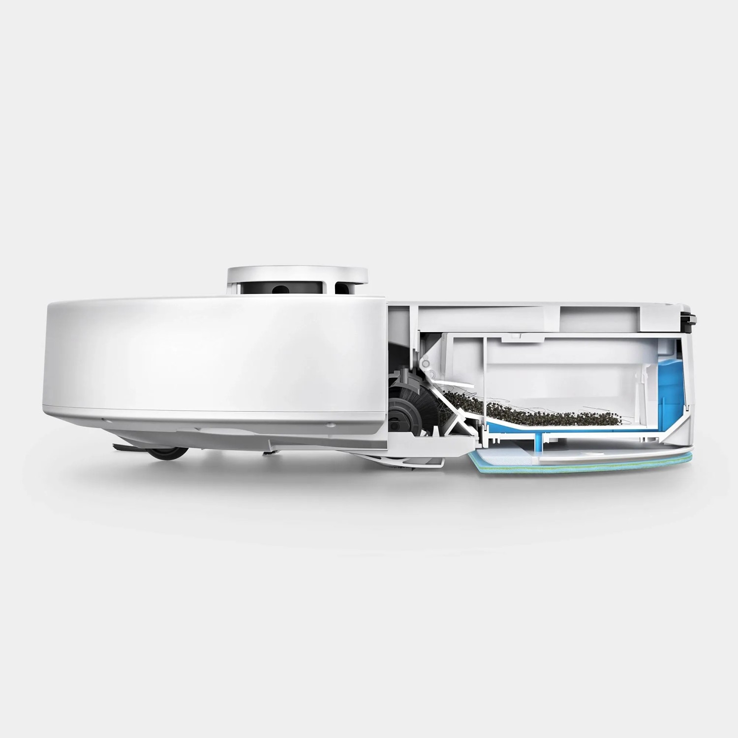 Kärcher Saugroboter RVC 3 mit Wischfunktion, Innenansicht mit Staub und Wassertank.