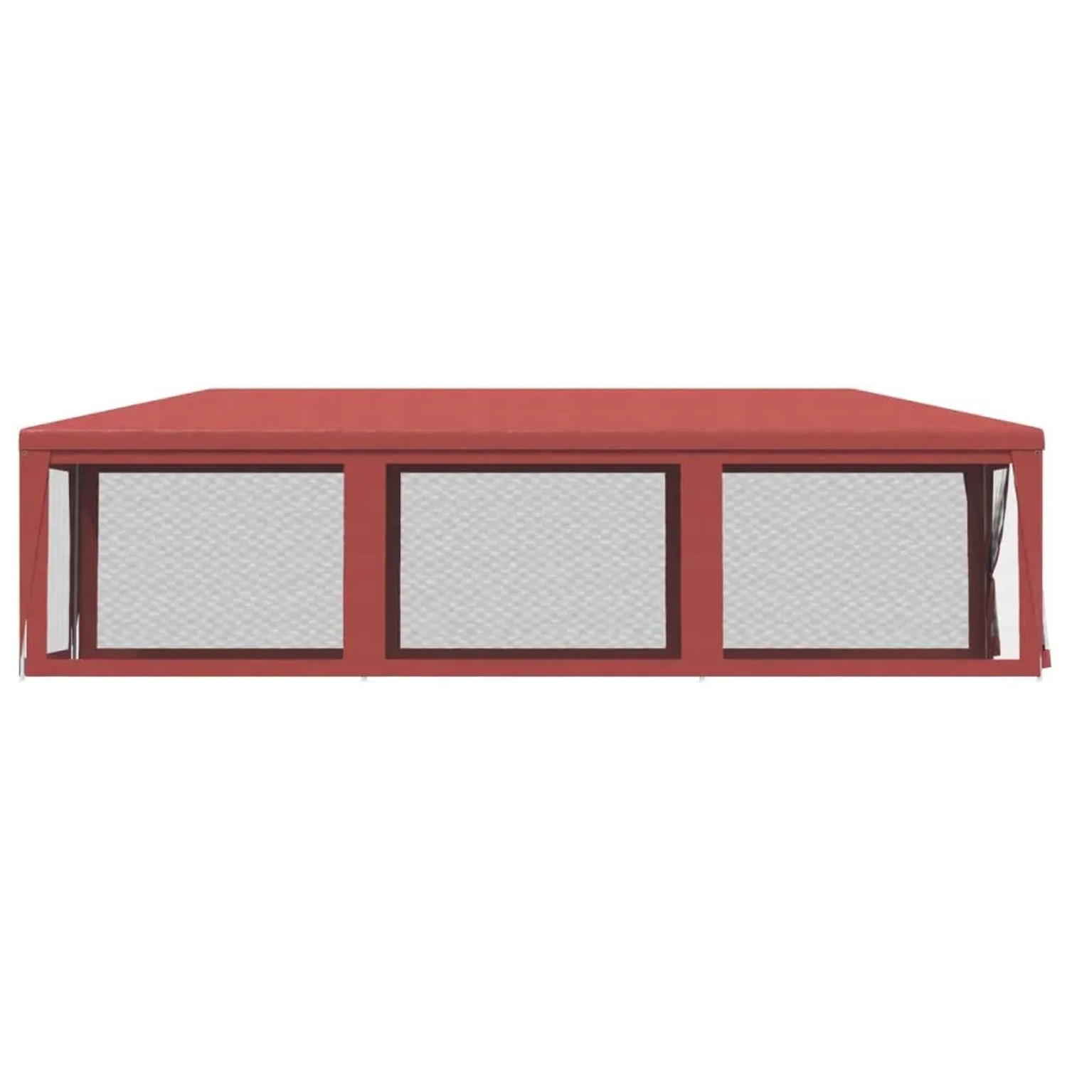 Rotes Partyzelt 3x9 m mit Mesh-Seitenwänden für Gartenpartys und Veranstaltungen.
