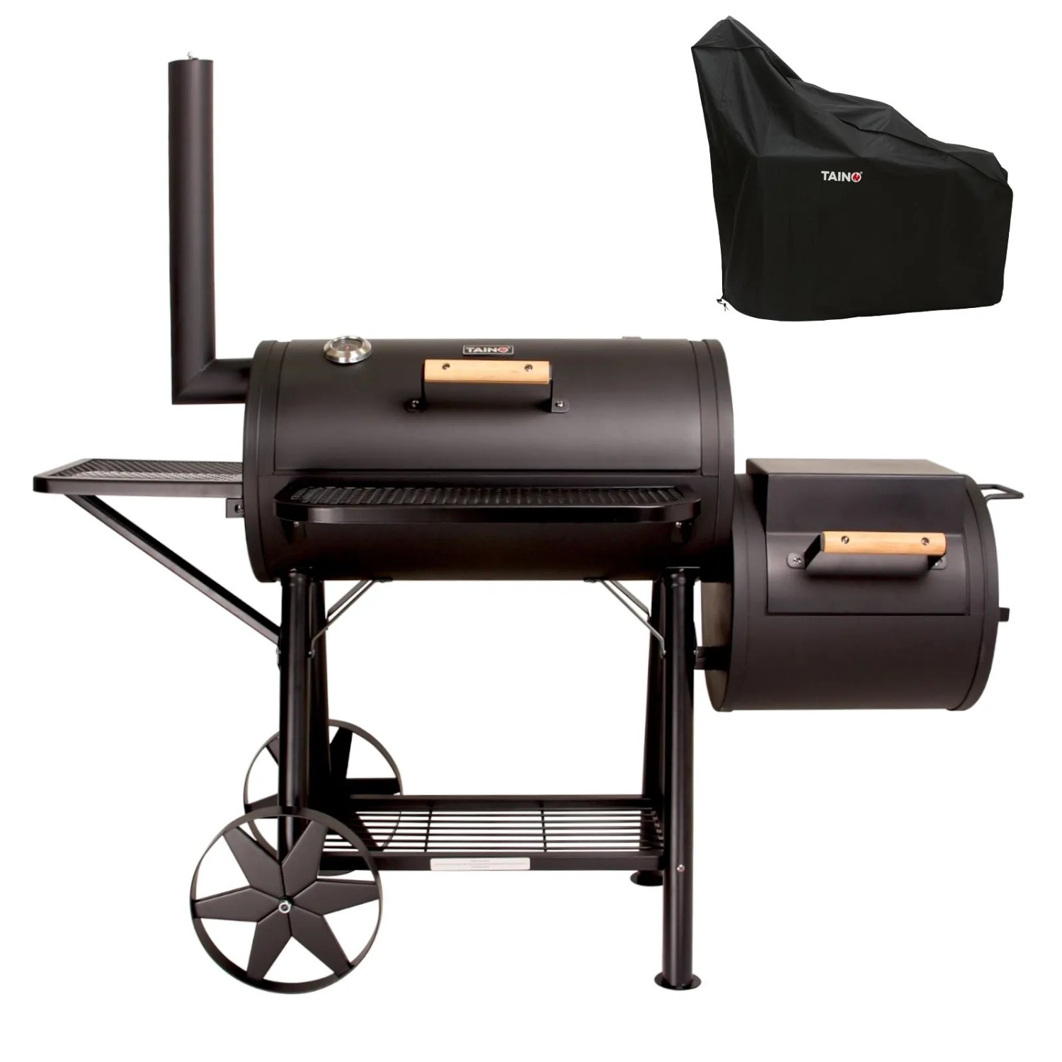 Taino Yuma Massiver Smoker BBQ Grillwagen Holzkohle Grill 90KG 3,5mm Set Haube
