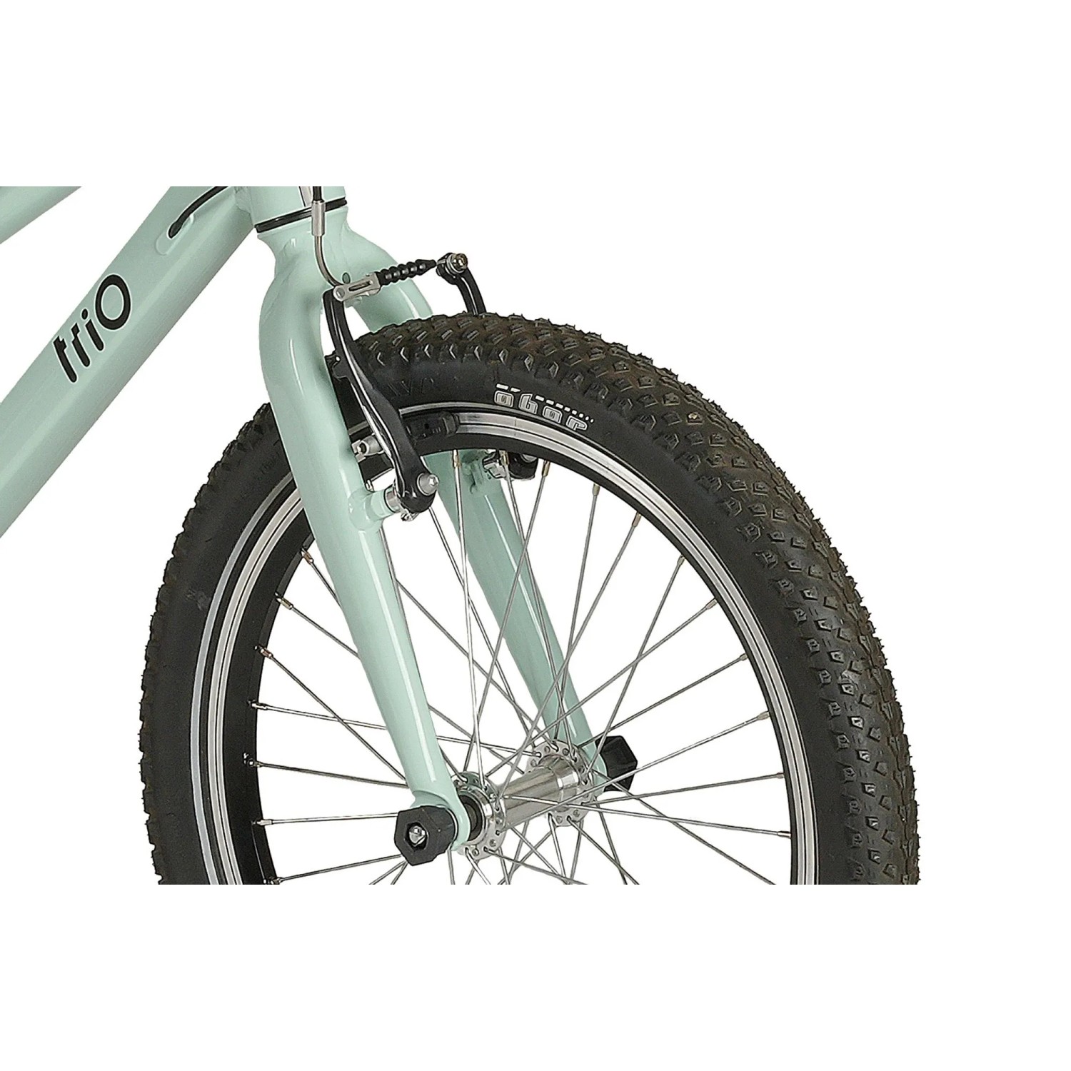 Detailaufnahme: Mintfarbenes Prophete Mountainbike Trio 100 Kinder-ATB 20 Zoll, Vorderrad mit Reifenprofil.