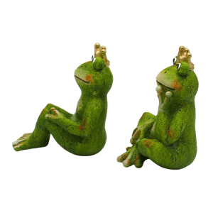 2er Set Froschkönige, grüne Gartenfiguren mit goldener Krone für Teich und Garten.