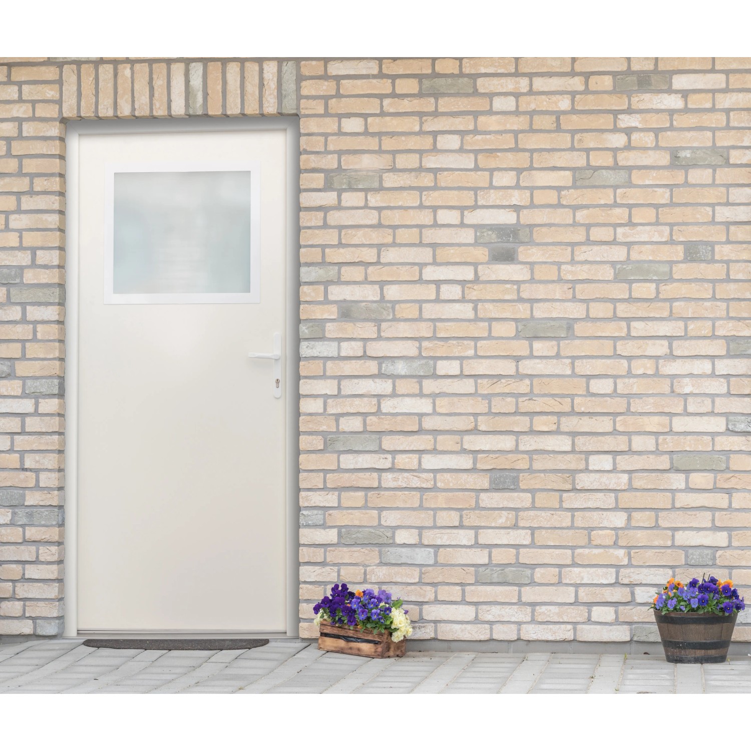 Weiße Stahl-Nebeneingangstür NS2 (98x198 cm) mit Fenster, nach innen öffnend, Anschlag rechts.