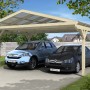 Skan Holz Carport Westerwald mit zwei Autos. Holzkonstruktion mit transparentem Dach.