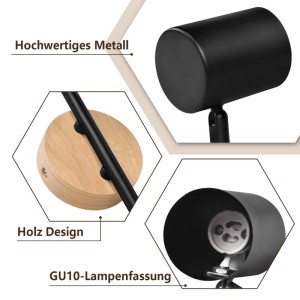 NETTLIFE Deckenstrahler: Schwarzer Metall-Spot, Holzsockel, GU10-Fassung. Industrielles Retro-Design.