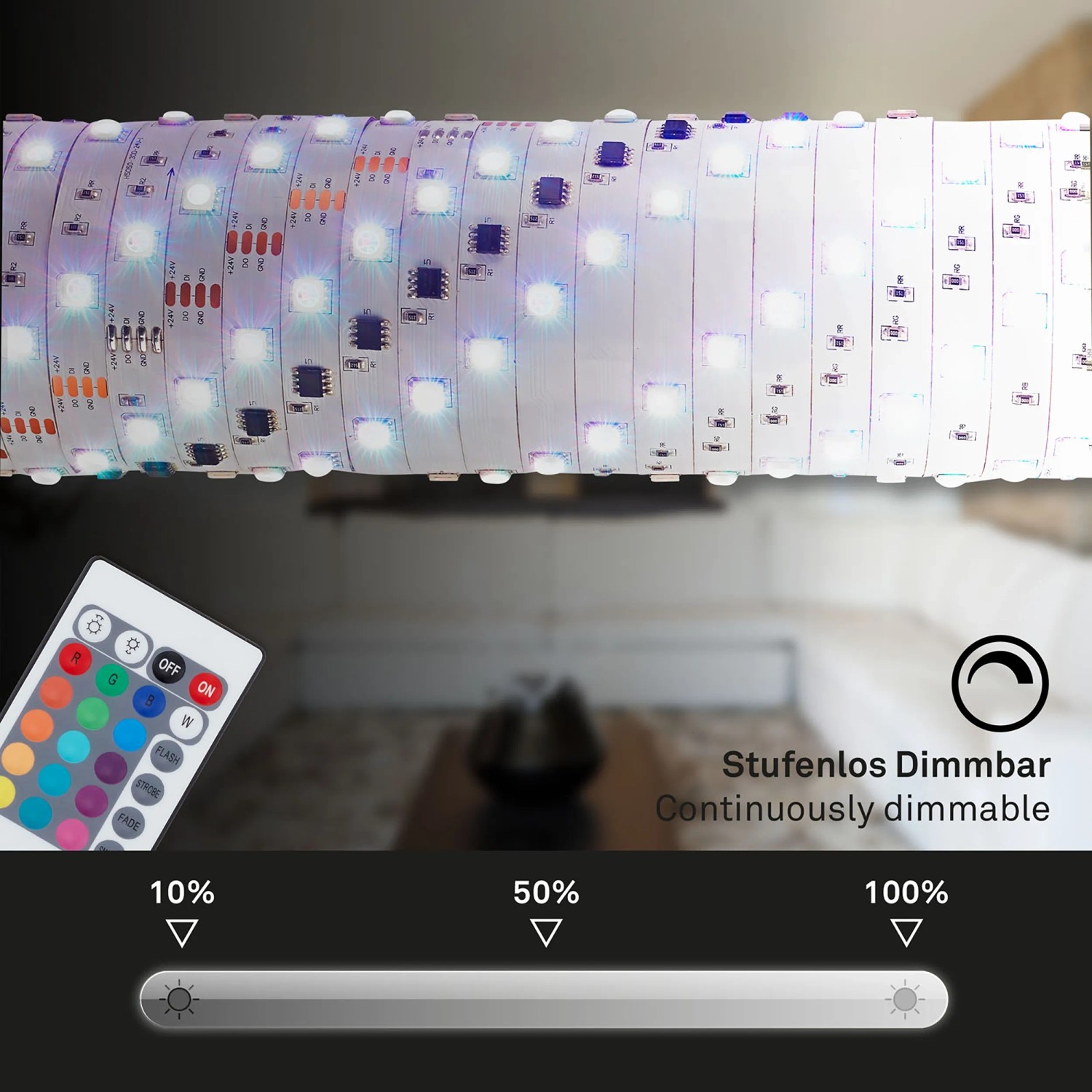 Flexibler, mehrfarbiger LED-Streifen (3 m) mit Fernbedienung und Dimmfunktion.