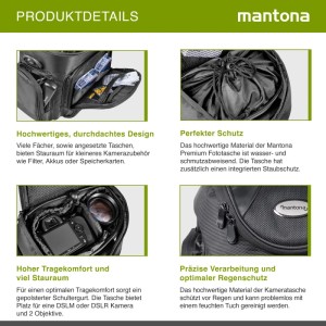 Mantona Premium Fototasche: Details zu Fächern, Staubschutz, Kamera & Objektive innen, robustes Material. Ideale Kamera Umhängetasche.