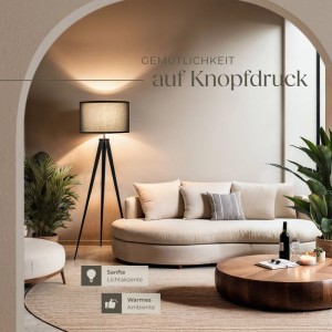 Schwarze Tectake Stehleuchte Lunaris mit Dreibein und Textilschirm im Wohnzimmer.