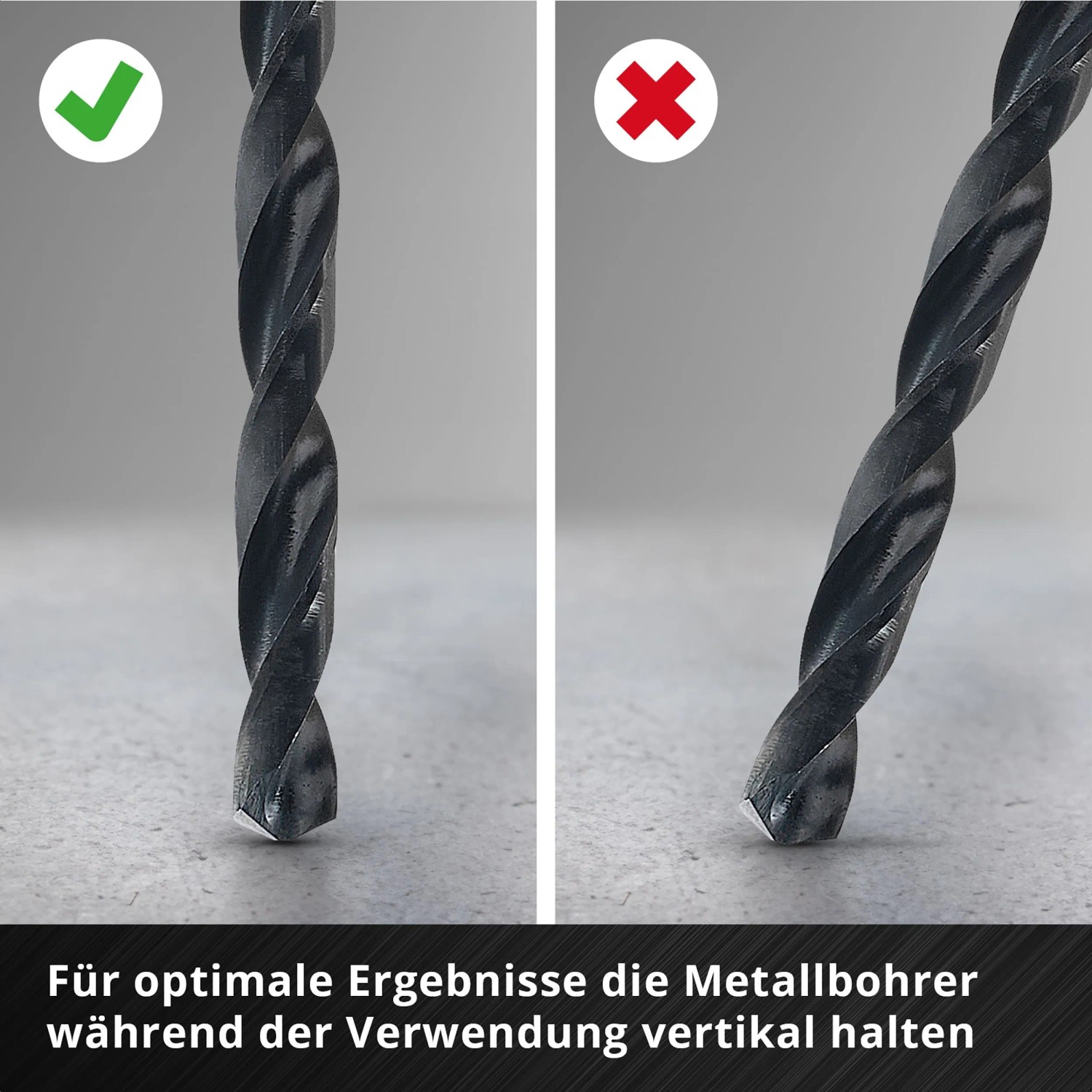 Metallbohrer-Set: Richtige (grüner Haken) und falsche (rotes Kreuz) Anwendung des Bohrers.