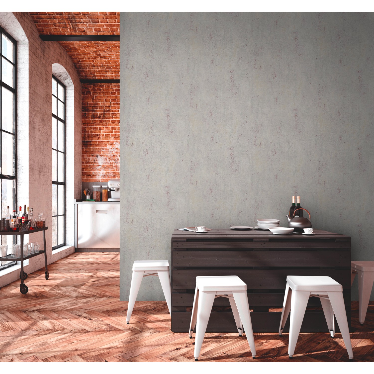 Metropolitan Stories II Vliestapete Beton grau-rot im modernen Wohnraum.
