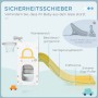 AIYAPLAY Kinderrutsche 4-in-1: Diagramm der Sicherheitszonen (Warte, Beschleunigung, Verzögerung, Puffer) für sicheres Rutschen. Gelb-weiß mit Basketballkorb.
