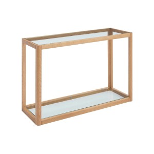 Moderner Konsolentisch Zunaril aus hellem Eichenholz und transparentem Glas, 110 cm breit.