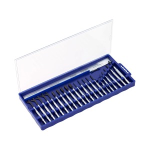 LUX Präzisions-Schrauber Set, 21-teilig, in blauer Kunststoffbox mit transparentem Deckel.