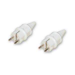 Zwei weiße Stecker mit Metallstiften für Stromanschluss.