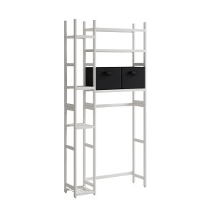 Weißes Vicco Toilettenregal Bilbao mit zwei schwarzen Vliesschubladen für mehr Stauraum im Bad.