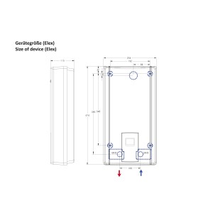 Skizze Thermoflow ELEX21 v Durchlauferhitzer mit Maßangaben für Installation.