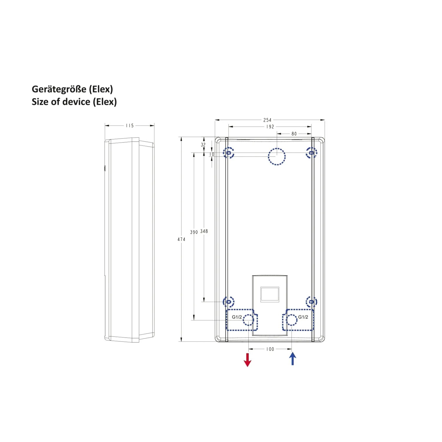 Skizze Thermoflow ELEX21 v Durchlauferhitzer mit Maßangaben für Installation.