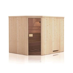 Finntherm Corner Sauna aus Naturholz mit Glastür, 144x144 cm, 40 mm Wandstärke.