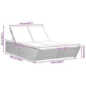 Skizze einer beigen Doppel-Sonnenliege aus Polyrattan mit Maßen für den Garten.