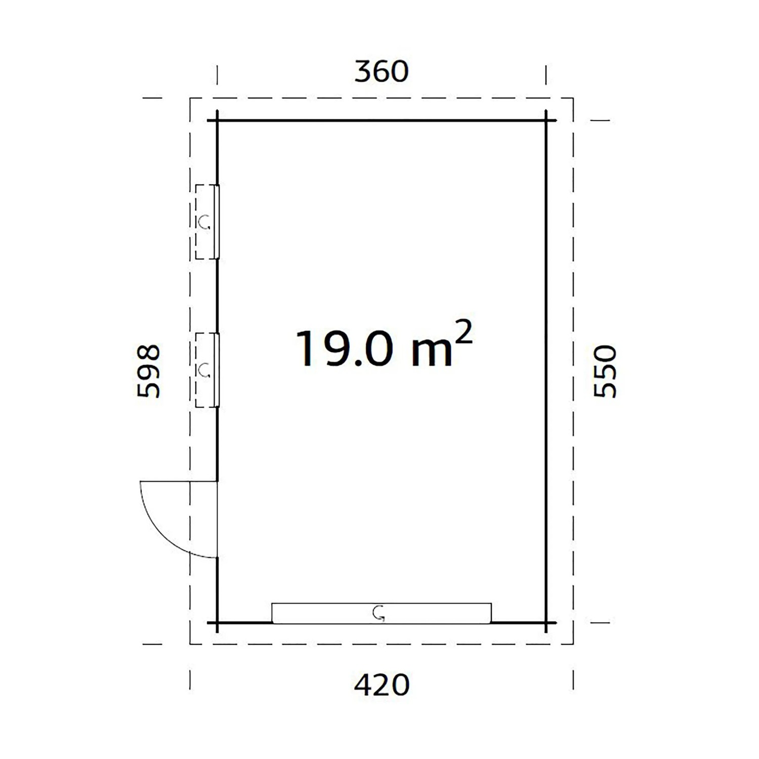 Grundriss Palmako Holzgarage Rasmus: 360x550cm, 19m², mit Tür, Fenster und Sektionaltor.