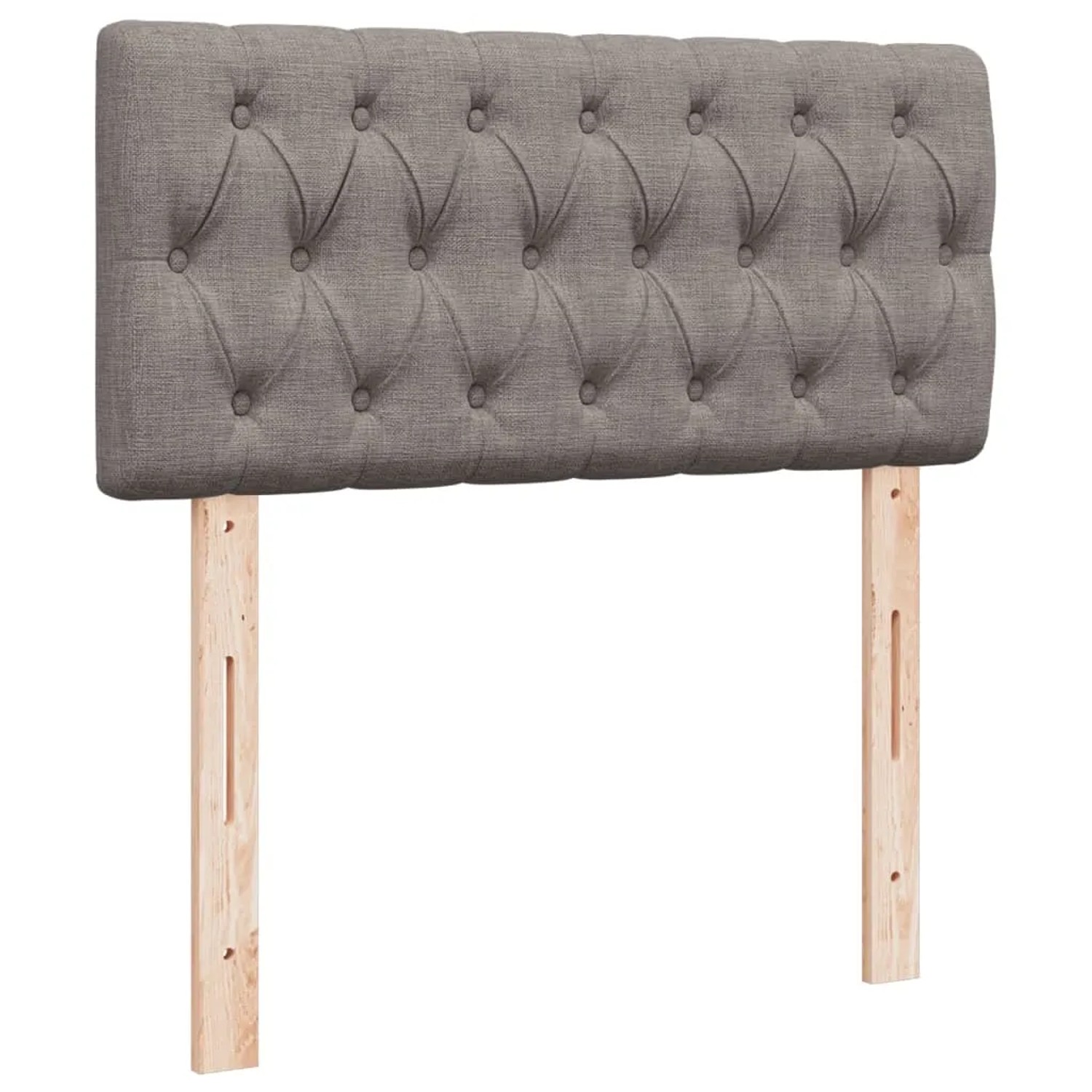 Gepolstertes, graues Boxspringbett-Kopfteil mit Knöpfen und Holzfüßen.