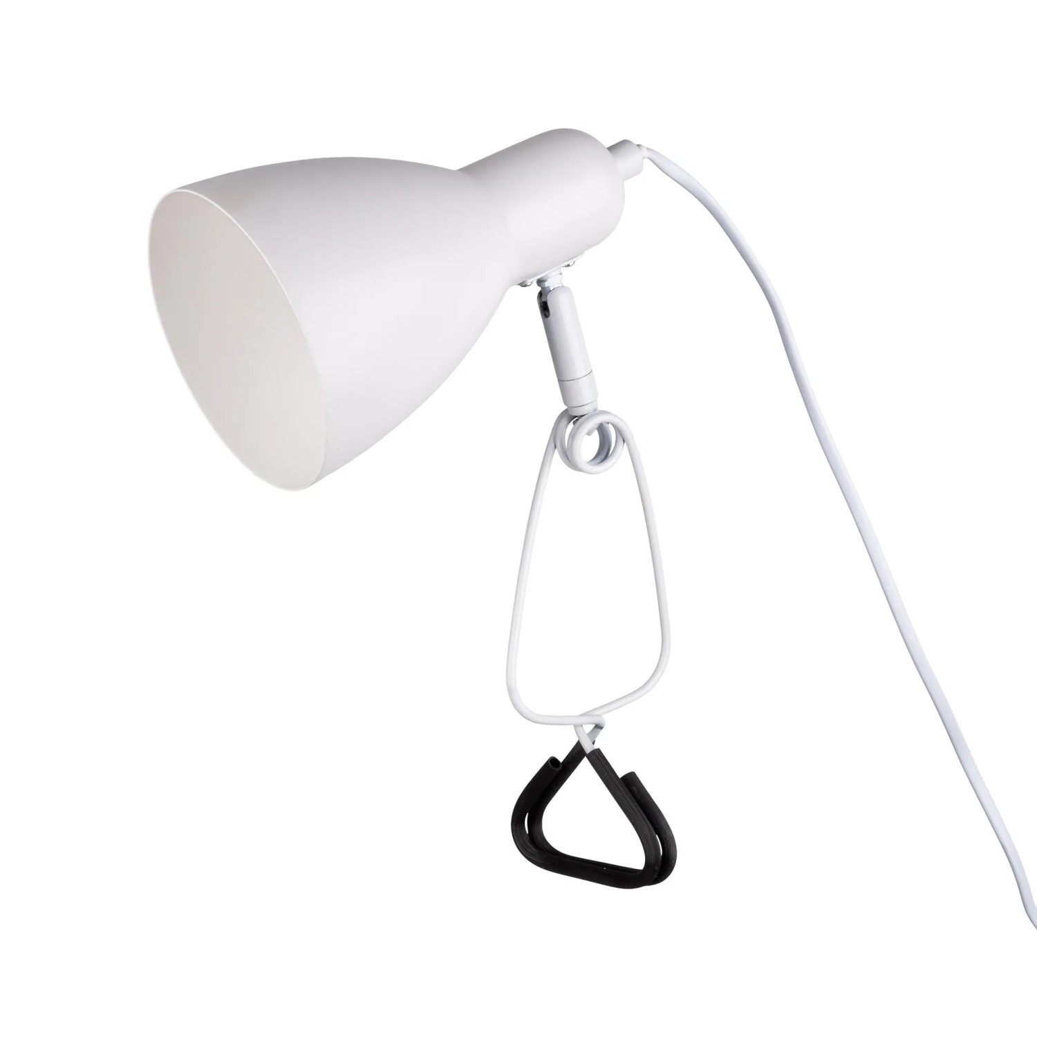 Weiße Näve Klemmleuchte Mara, 28 cm hoch, mit Metallklemme und schwarzem Kabel.