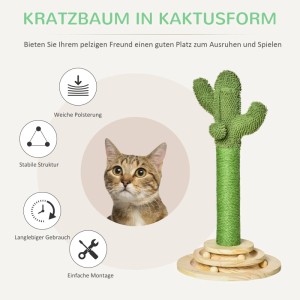 Grüner Kratzbaum in Kaktusform mit Sisalstamm und Holzkugel-Spielzeug auf Kiefernholz-Basis für Katzen.