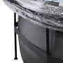 Detailansicht des schwarzen Exit Black Leather Pools mit Abdeckung, Stahlrahmen sichtbar.