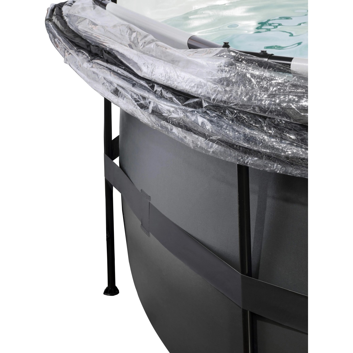 Detailansicht des schwarzen Exit Black Leather Pools mit Abdeckung, Stahlrahmen sichtbar.