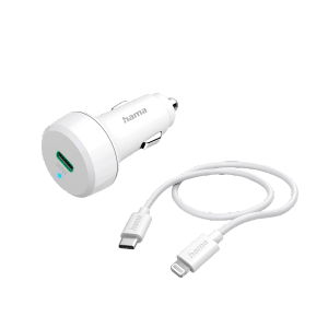 Weißes Hama Auto-Schnellladegerät 20W mit Lightning-Kabel. Kfz-Ladeadapter und USB-C auf Lightning Kabel.