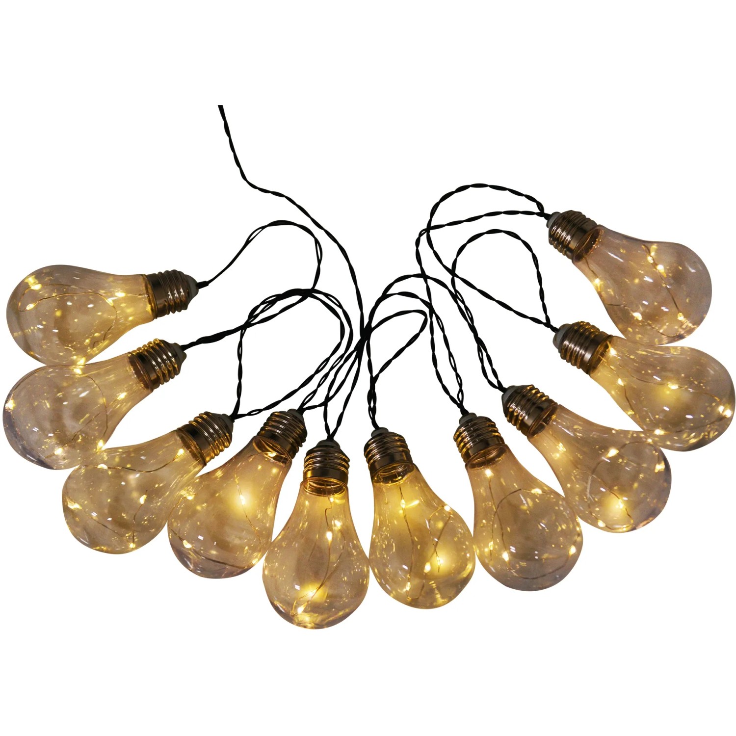 10er LED Solar Lichterkette Glühbirne, 7,60 m, schwarz. Dekorative Außenbeleuchtung mit warmweißem Licht.