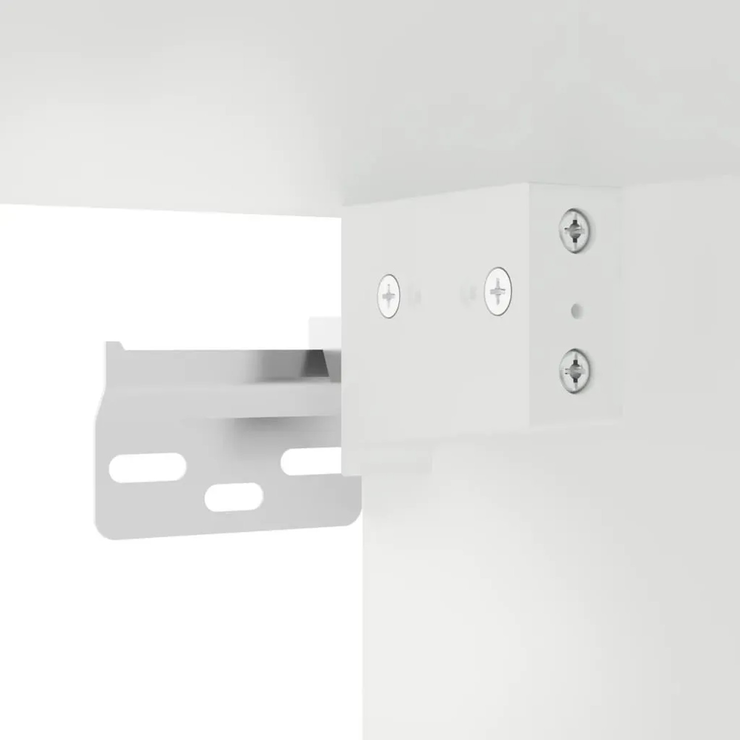Detailaufnahme der Montage eines weißen Wandschranks mit Glastüren.