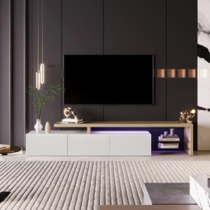 PXloue TV-Schrank mit Praktischer Stauraum LED-Beleuchtung Holzoptik Glasböden Weiß