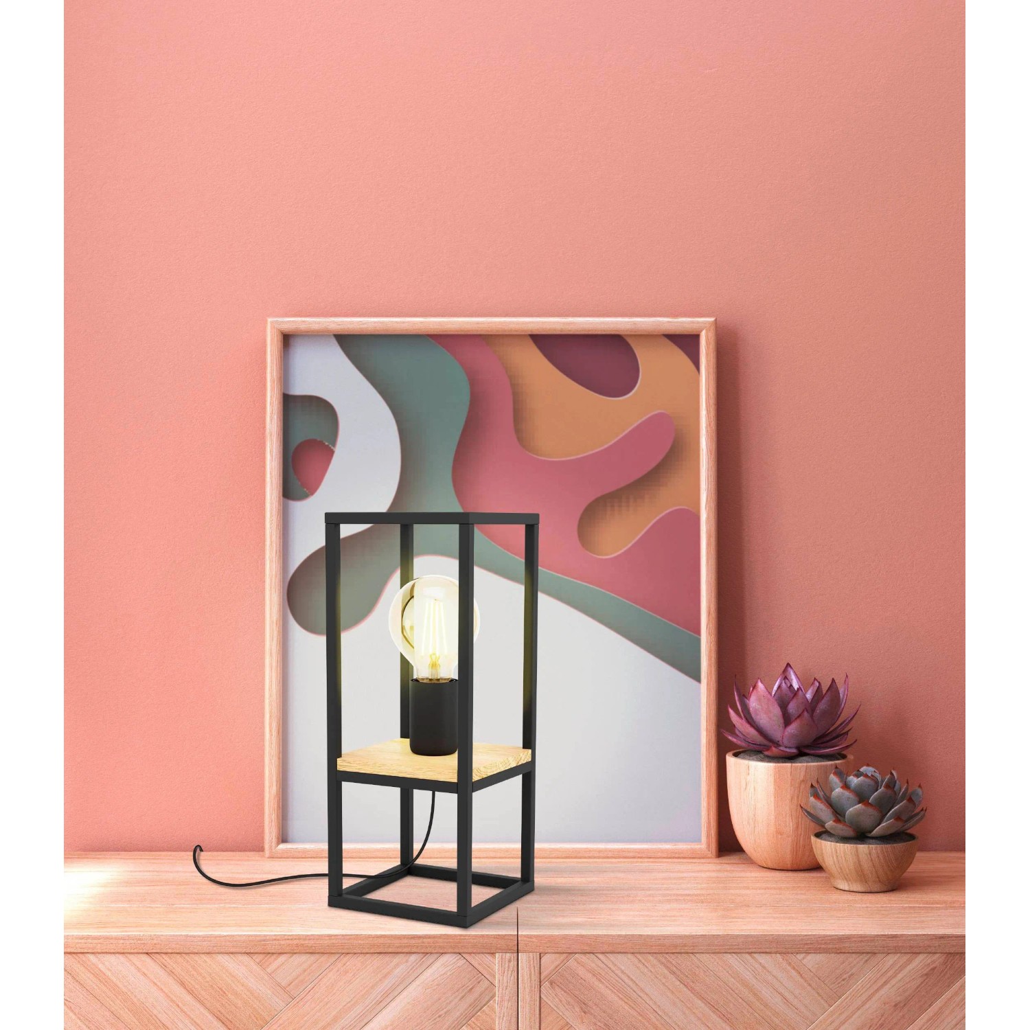 Moderne Eglo Tischleuchte Libertad in Schwarz-Braun mit Holzplatte, 35 cm hoch. Design-Tischlampe für Wohnraum.